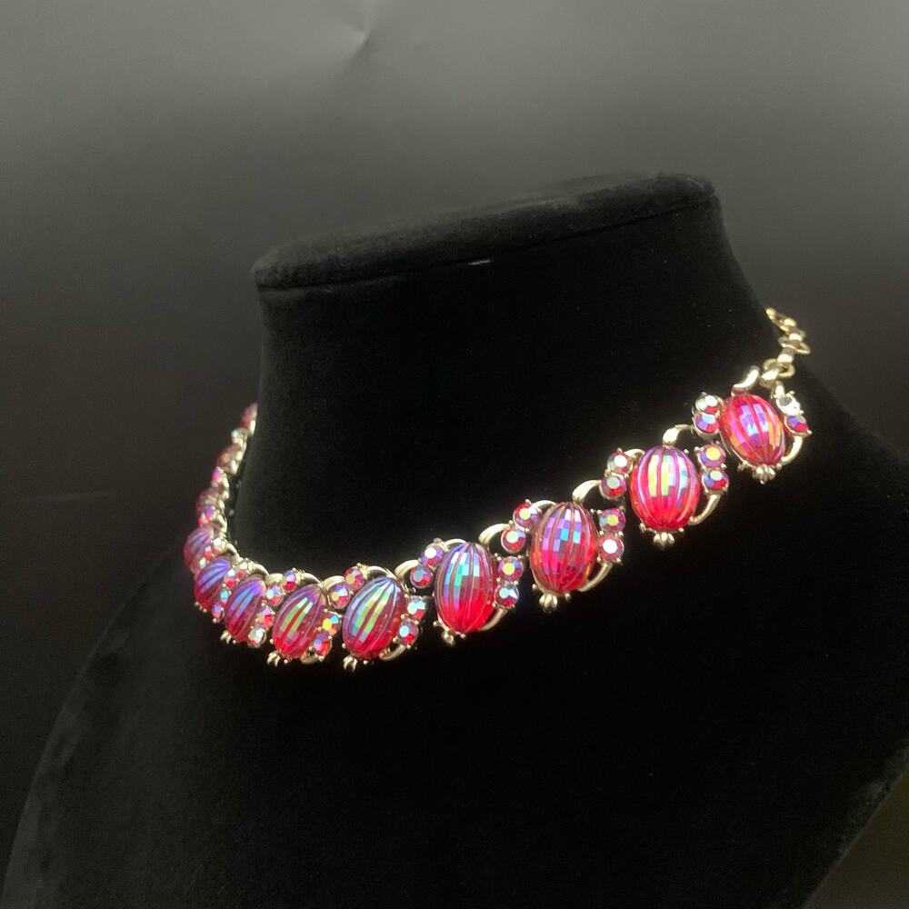 Vintage Signed Coro Melon Red AB Aurora Borealis Iridescent Rhinestone Necklace - Picture 9 of 16